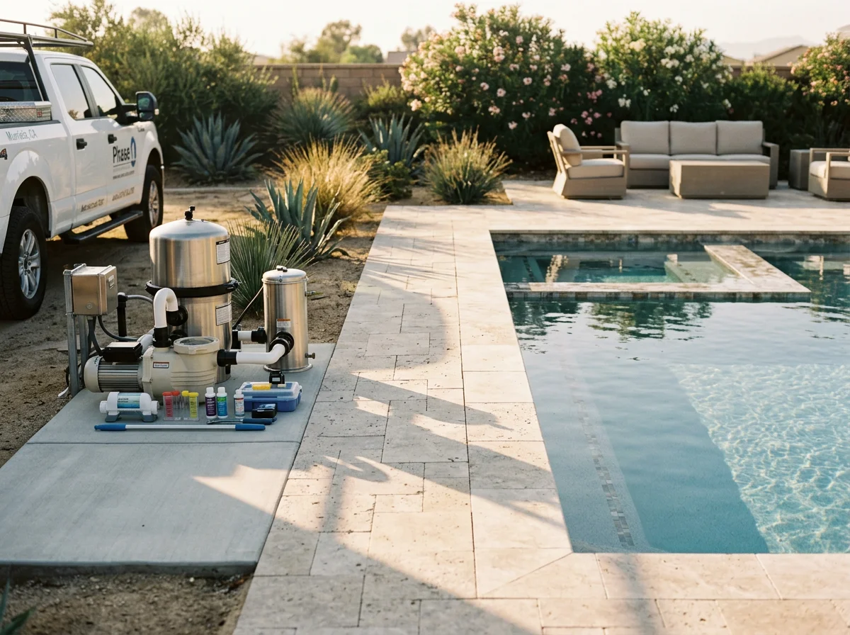 Professional pool construction site with completed custom pool, hardscape features, and outdoor living elements ready for homeowner use.
