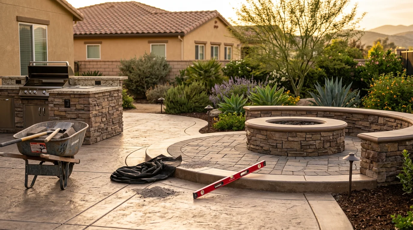 Outdoor living space with hardscape, fire pit, and BBQ island in Temecula