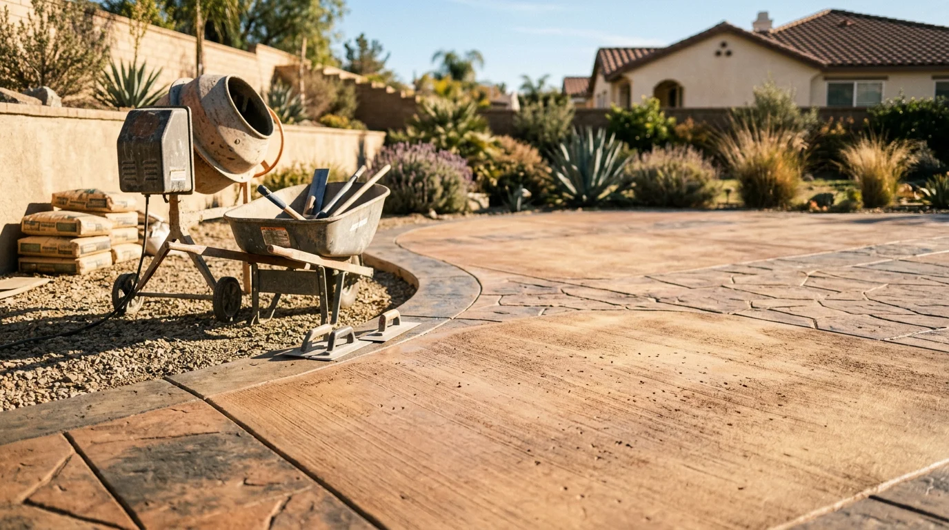 Finished patio with concrete surface adjacent to residential pool