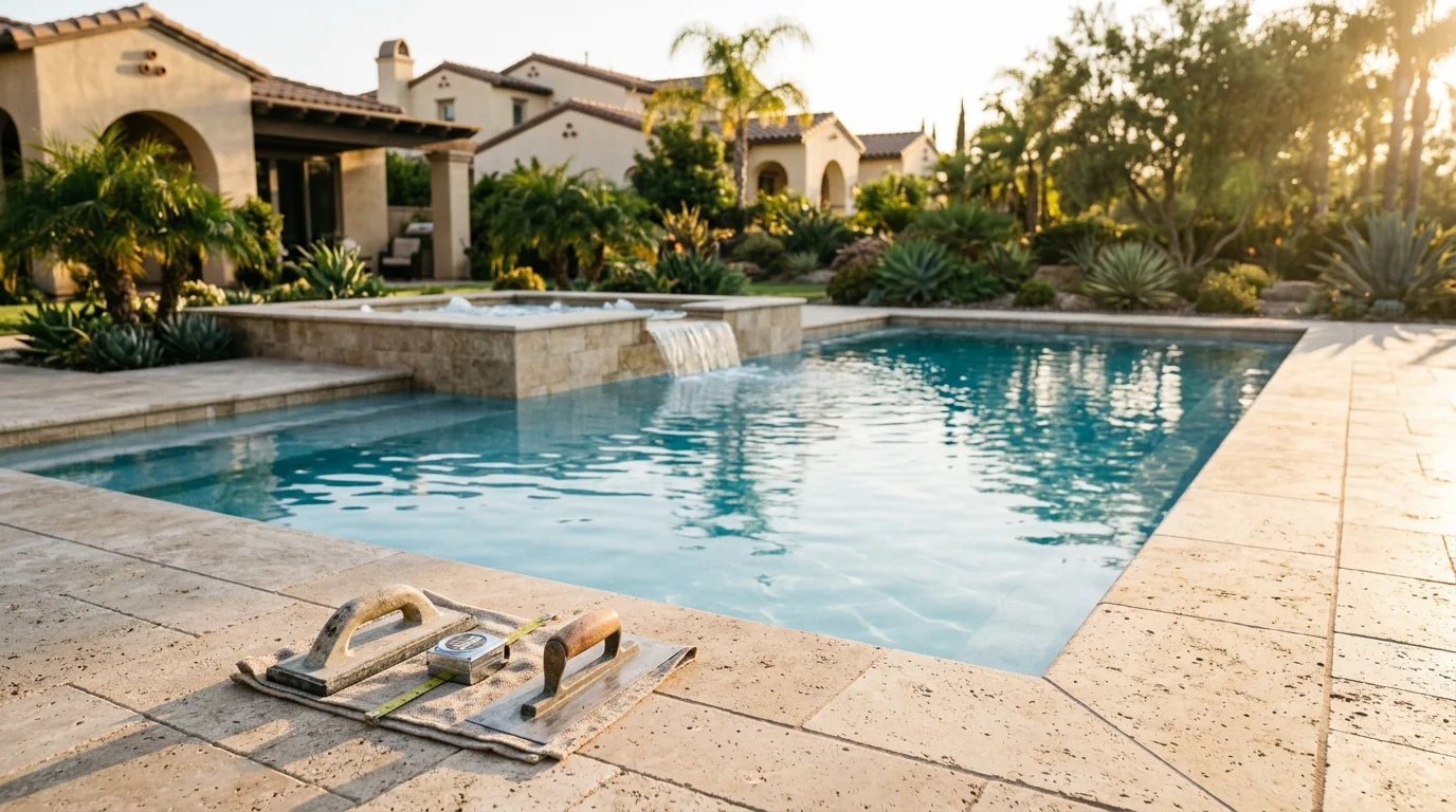 Custom residential pool with hardscape and outdoor living features in Murrieta