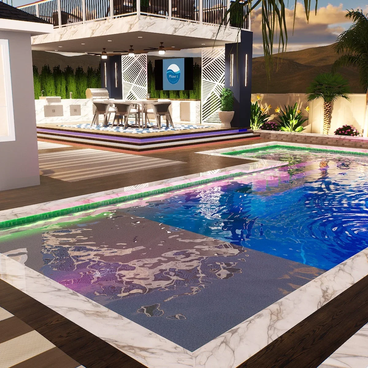 Saltwater pool with gradient blue-purple-green tile, marble deck borders, and elevated pavilion with outdoor kitchen