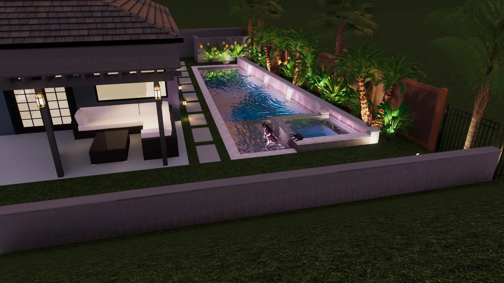 Rectangular pool with concrete deck, LED lighting, spa jets, and illuminated tropical landscaping at night
