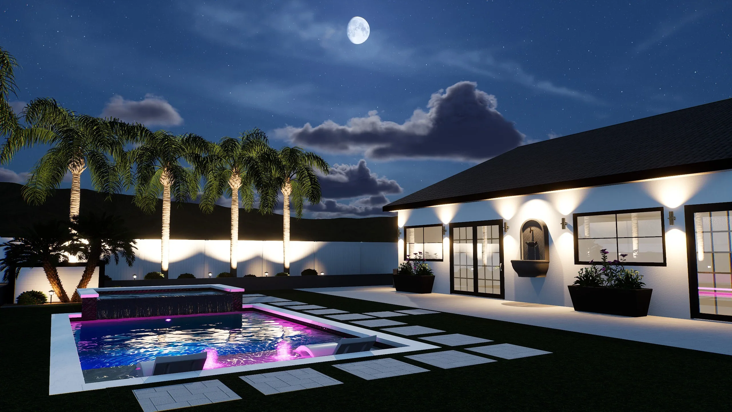 Illuminated swimming pool with LED lighting, geometric paver deck, and uplit palm landscaping