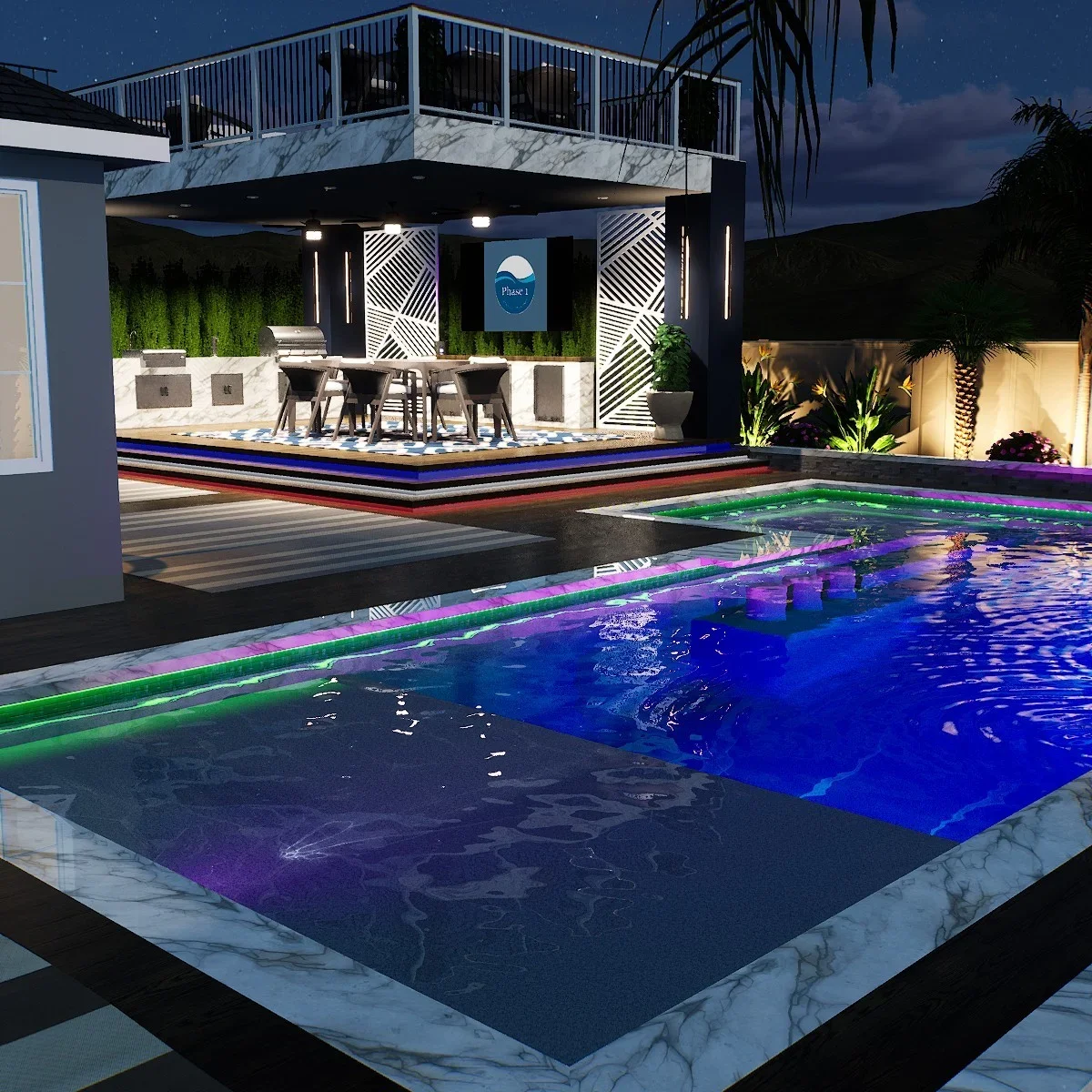 Modern pool with blue, green, and purple LED lighting, marble coping, dark plaster finish, and integrated spa