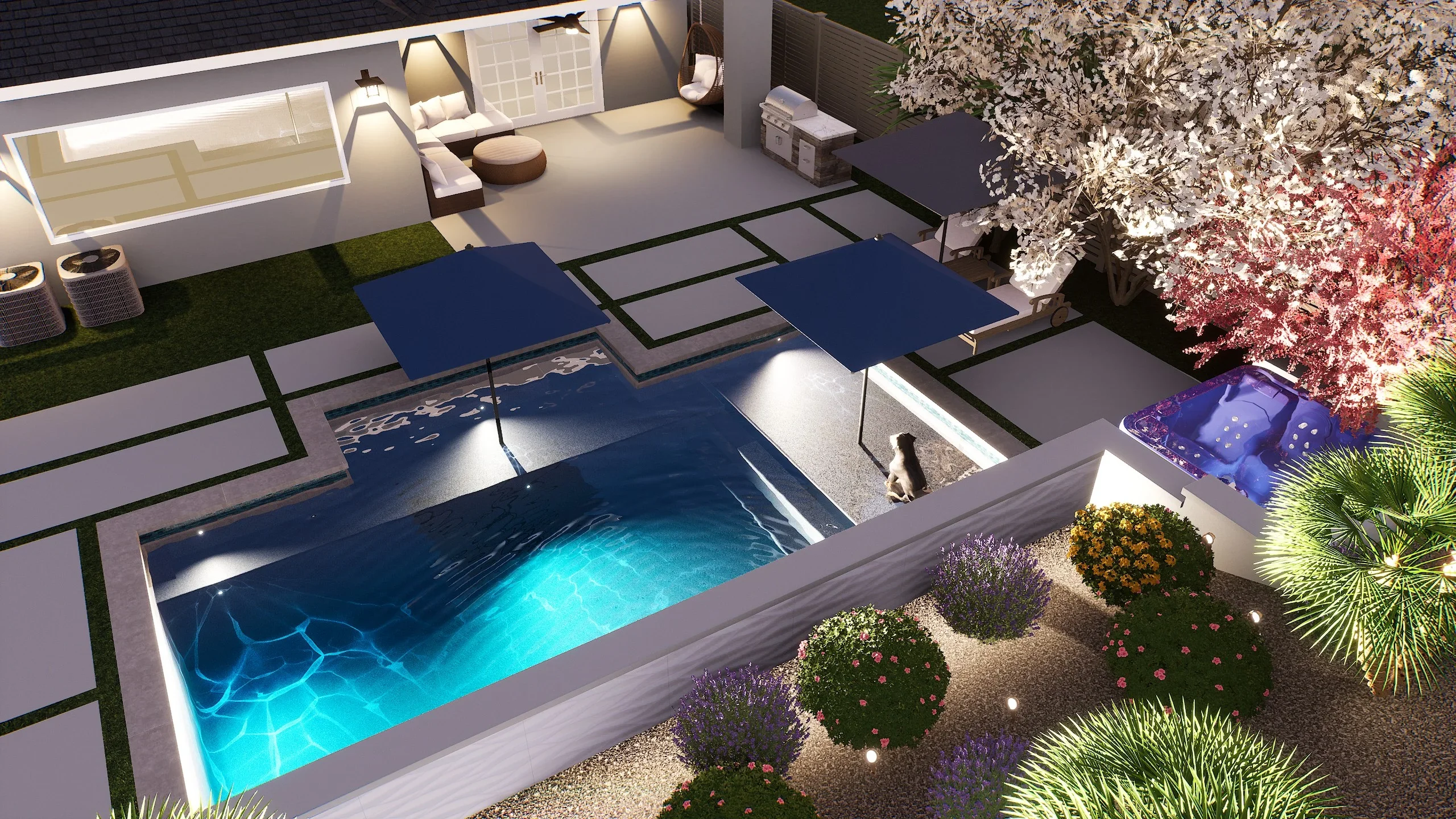 In-ground pool with LED lighting, gray paver deck, retaining wall, and modern patio design
