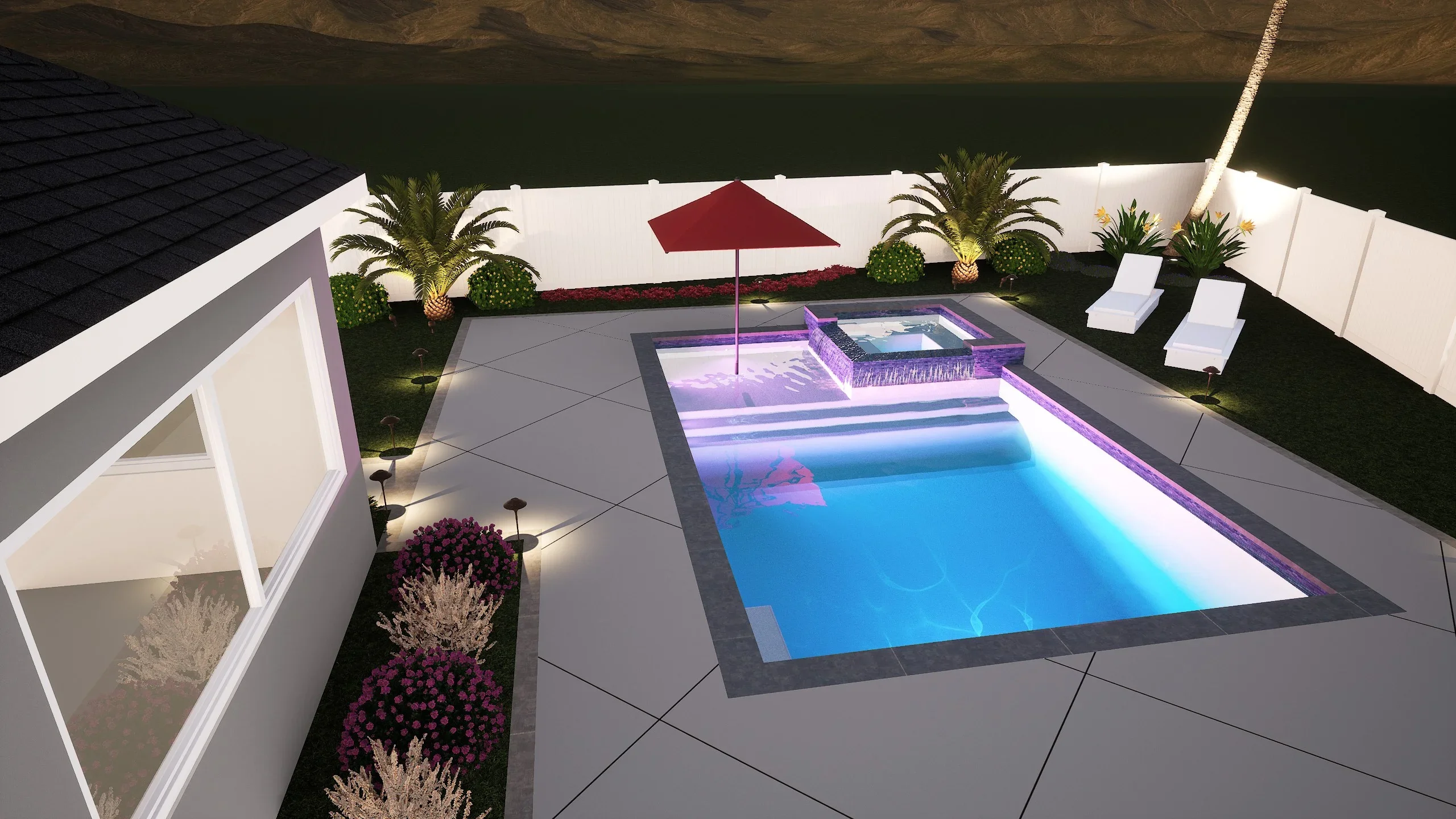 Rectangular pool with LED lighting, integrated spa, and purple accent lighting in concrete deck setting