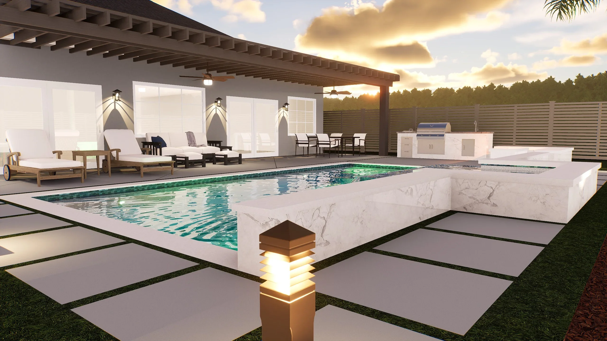 In-ground pool with marble coping, tile interior, pergola, and outdoor kitchen area