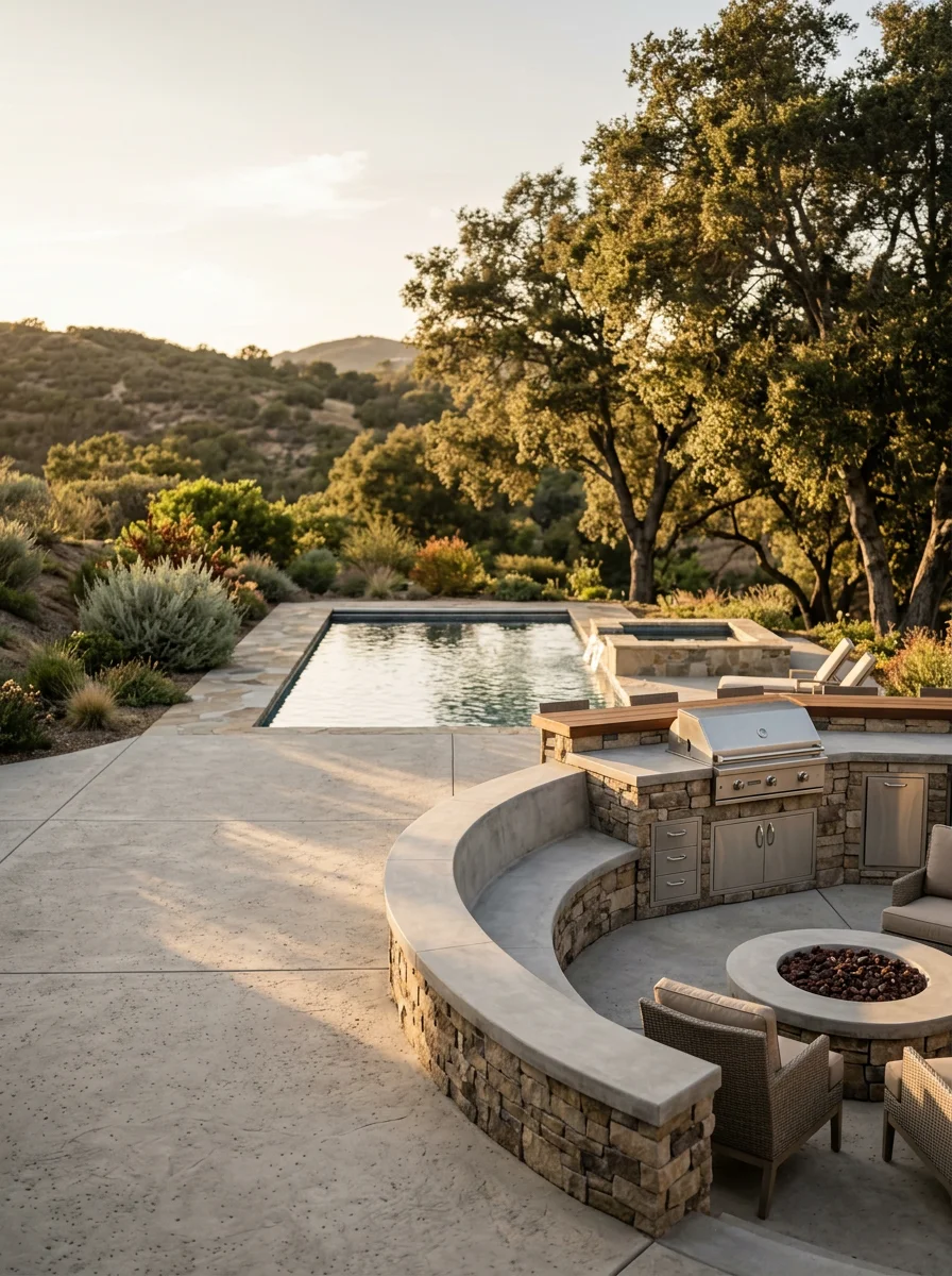 Outdoor BBQ island and fire pit adjacent to a new pool on a Fallbrook ranch-style property, showing the expansive backyard space typical of the area's larger lots.