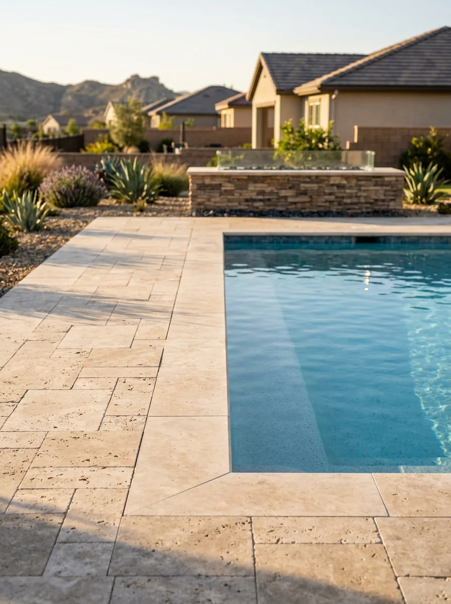 New pool and hardscape build in a Canyon Hills, Lake Elsinore backyard showing the pool, paver deck, and outdoor fire feature on a newer master-planned community lot.