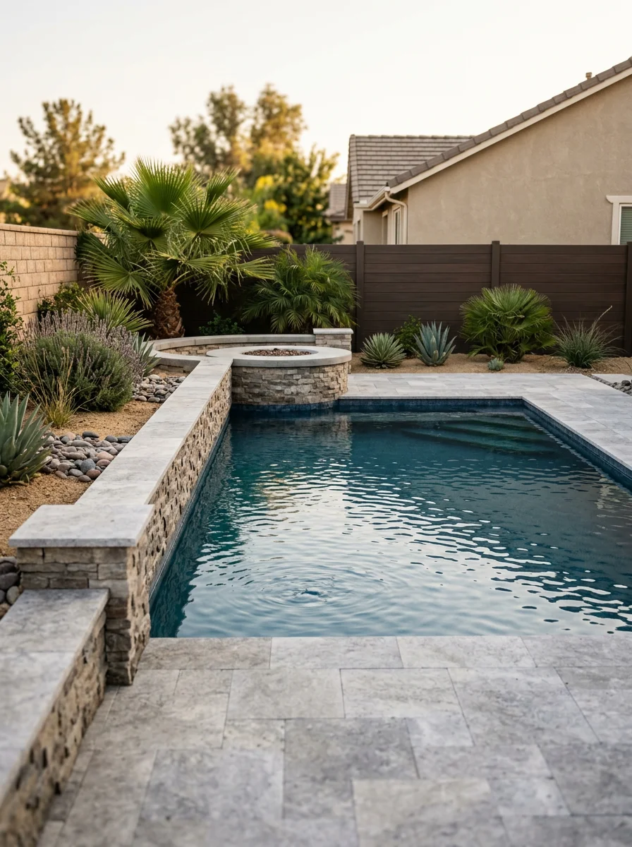 Wide-angle view of a completed pool and hardscape build in a Menifee master-planned community backyard, showing the pool, paver deck, and fire pit area.
