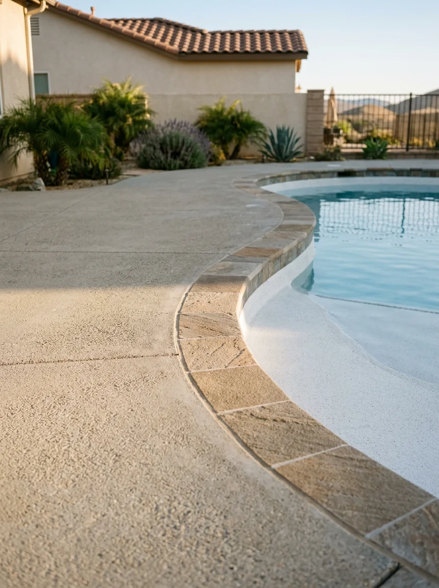 Close-up of a newly plastered pool shell in a Murrieta backyard showing the coping detail and surrounding concrete deck work.