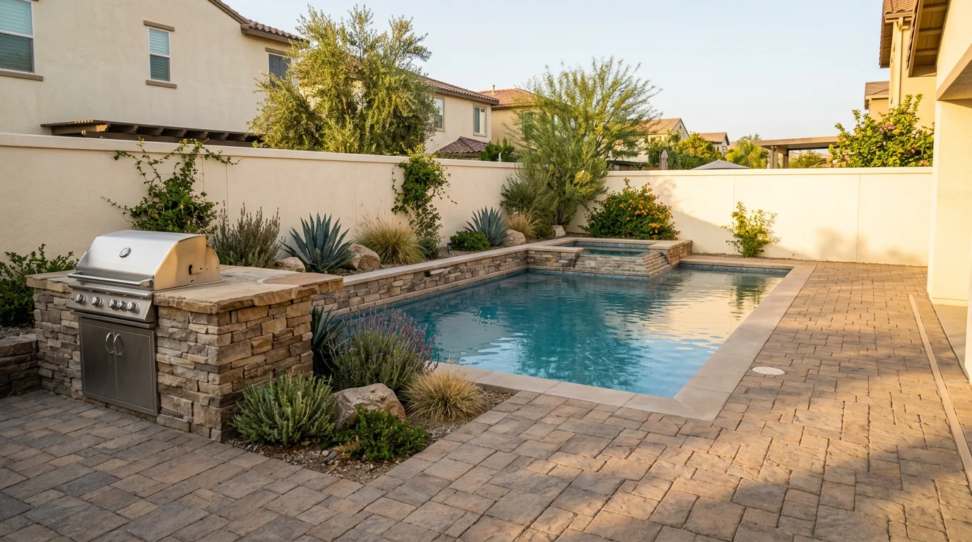 Finished custom pool and spa with paver deck and BBQ island in a Murrieta, CA backyard, surrounded by stucco walls typical of the area's planned subdivisions.