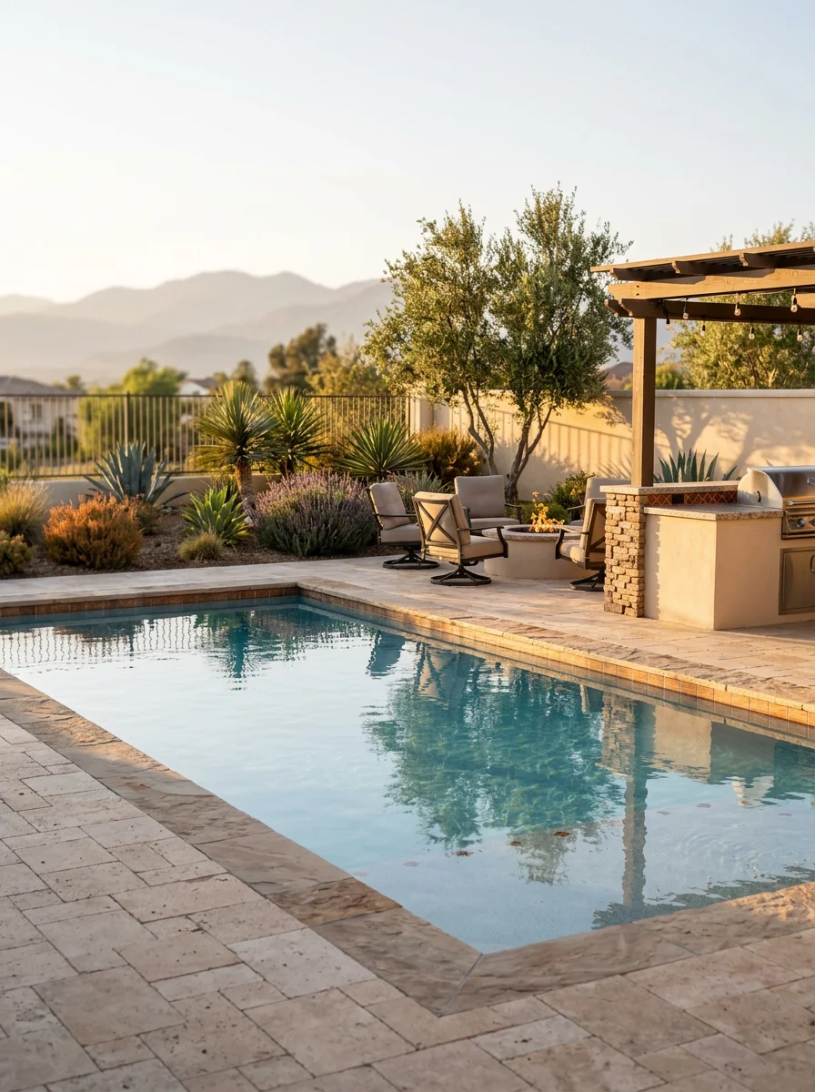 Outdoor BBQ island and fire pit adjacent to a new pool in a Temecula master-planned community backyard, with mountain views in the distance.