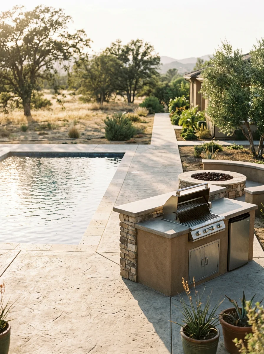 Outdoor fire pit and BBQ island adjacent to a new pool on a large Wildomar lot, showing the open backyard space typical of the area's acreage properties.