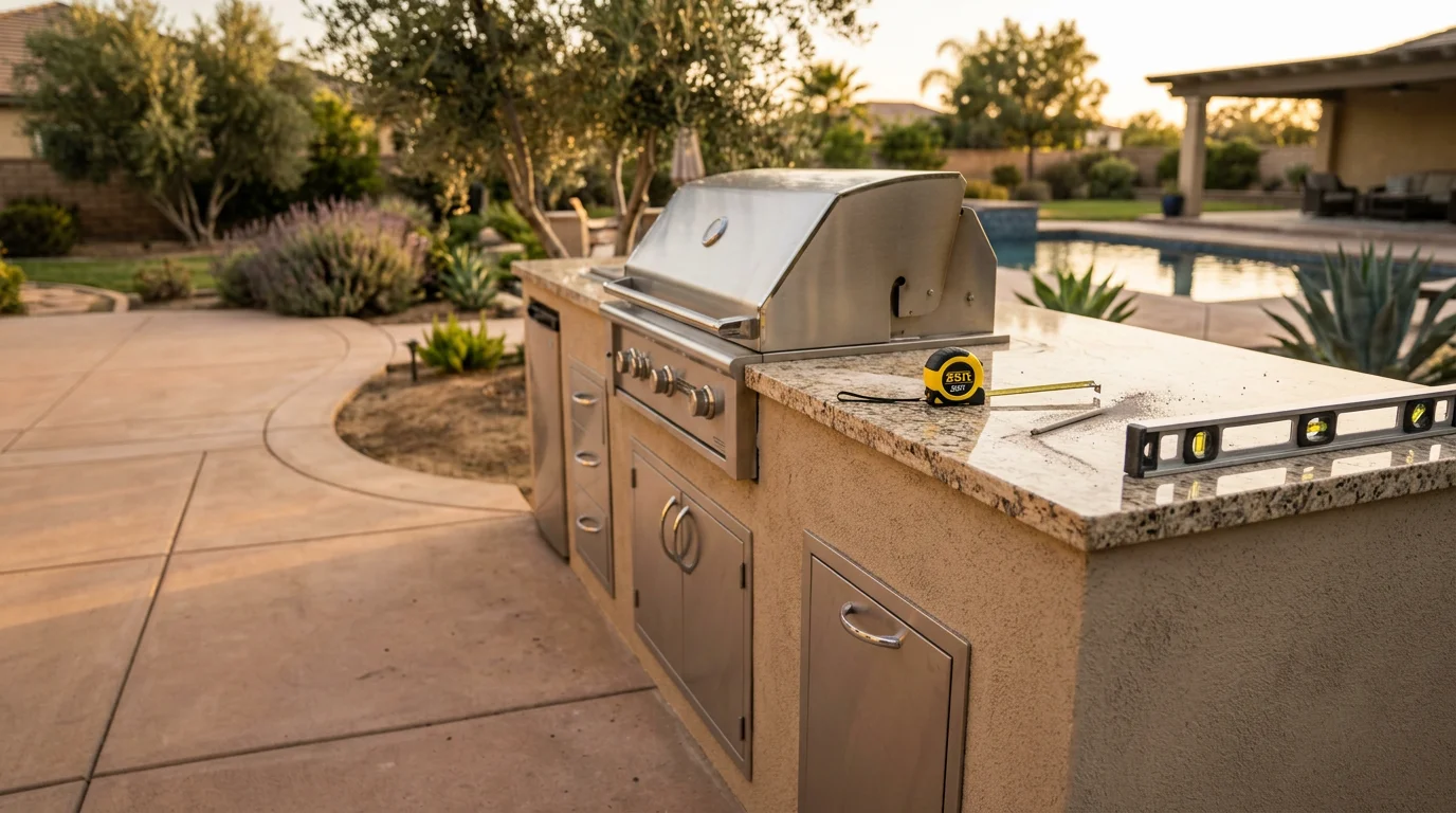A finished custom BBQ island with a built-in grill and stone facing in a Murrieta backyard, surrounded by a concrete patio and mature landscaping. The structure is photographed in natural daylight showing the countertop surface and cooking area detail.