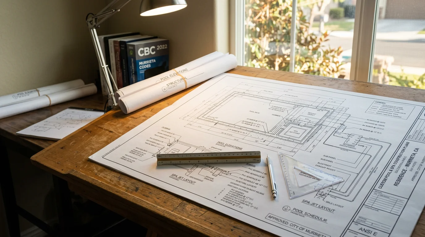 A detailed builder-ready swimming pool plan laid flat, showing a site layout with pool placement, setback measurements, and structural drawings for a residential property in Murrieta, California. The plan set includes plumbing and electrical diagrams ready for city building department review.