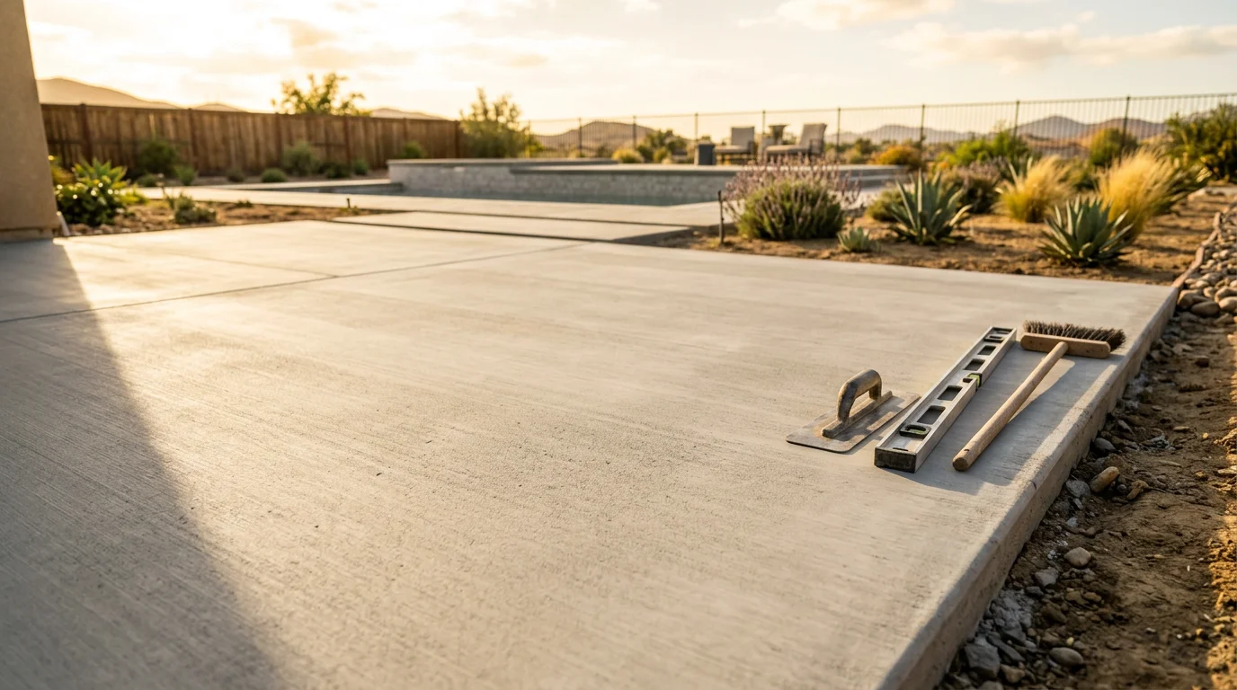 Freshly finished concrete patio surface adjacent to a backyard pool in Murrieta, California, showing a smooth broom-textured slab with clean edges and a slight drainage slope.