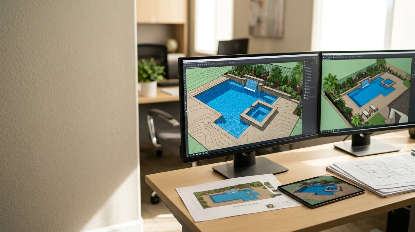 Custom 3D pool and spa design rendering for a Murrieta backyard, showing pool shape, integrated spa, and surrounding deck layout in a photorealistic three-dimensional view. The design reflects a Southwest Riverside County residential lot with attention to slope and outdoor living space.
