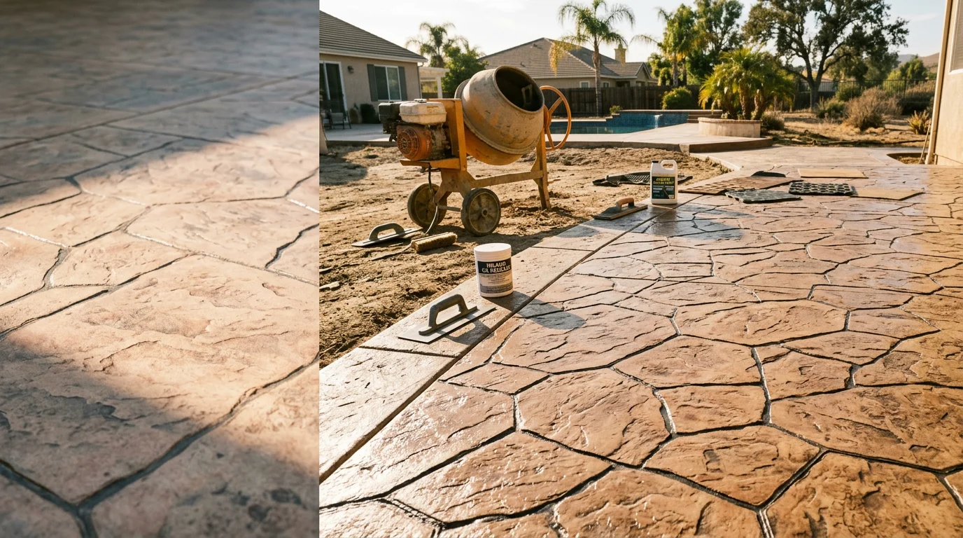 A stamped and stained decorative concrete patio surface in a Murrieta backyard, showing a natural stone pattern with warm earth tones adjacent to a residential pool surround.