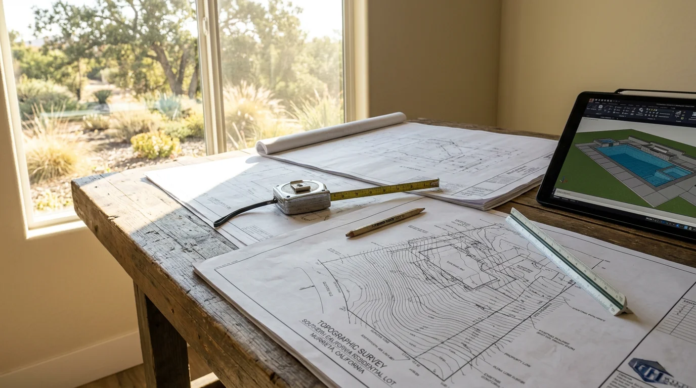 Custom inground pool design plan for a Murrieta backyard showing a freeform pool with integrated spa and tanning ledge suited to the property's slope and sun exposure. Phase 1 Pool Construction pool design service in Southwest Riverside County.