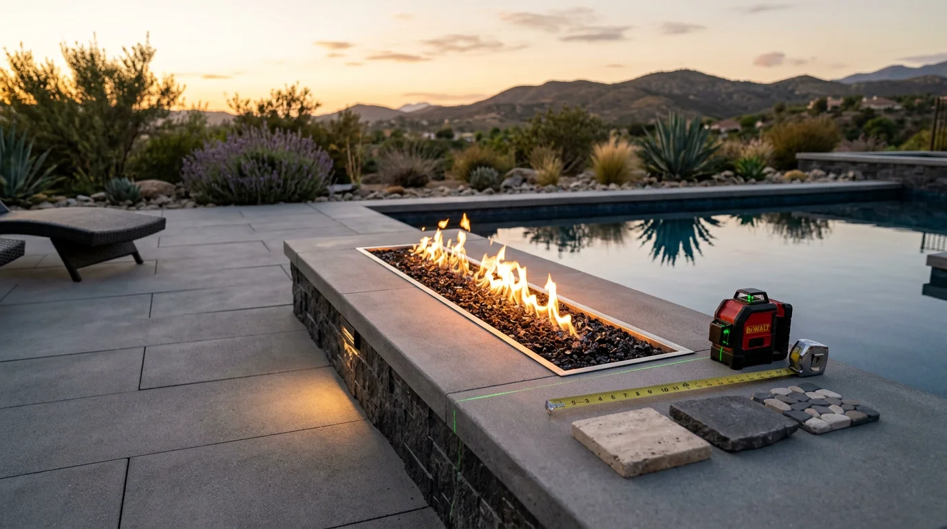 A custom gas fire bowl built into the pool deck of a Murrieta backyard, glowing at dusk with the pool water reflecting the flame. The surrounding hardscape and seating area show the fire feature integrated into the overall outdoor living space.