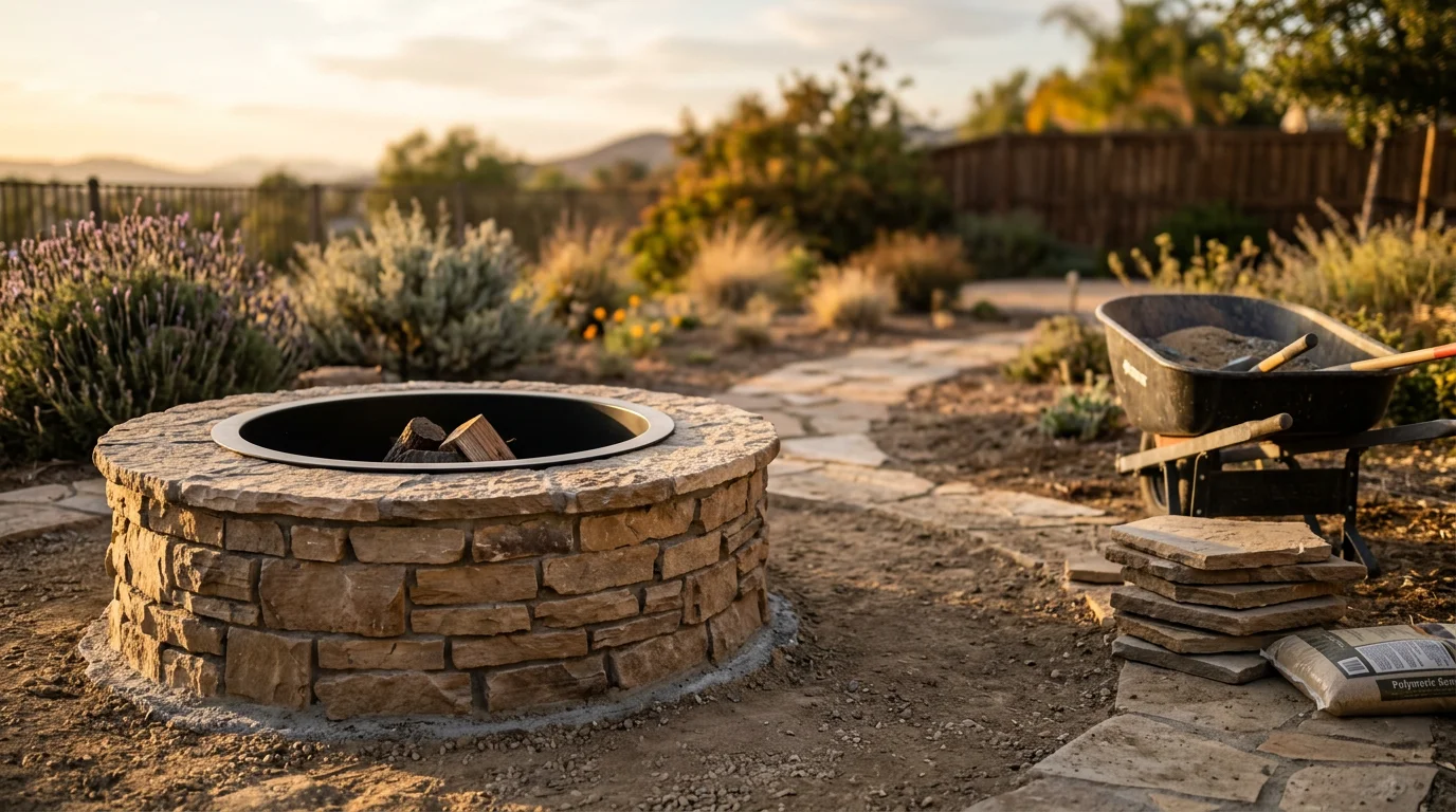 A custom built-in fire pit with a finished masonry surround in a Murrieta backyard, surrounded by outdoor seating on a paved patio. The fire pit is lit at dusk with a landscaped yard visible in the background.
