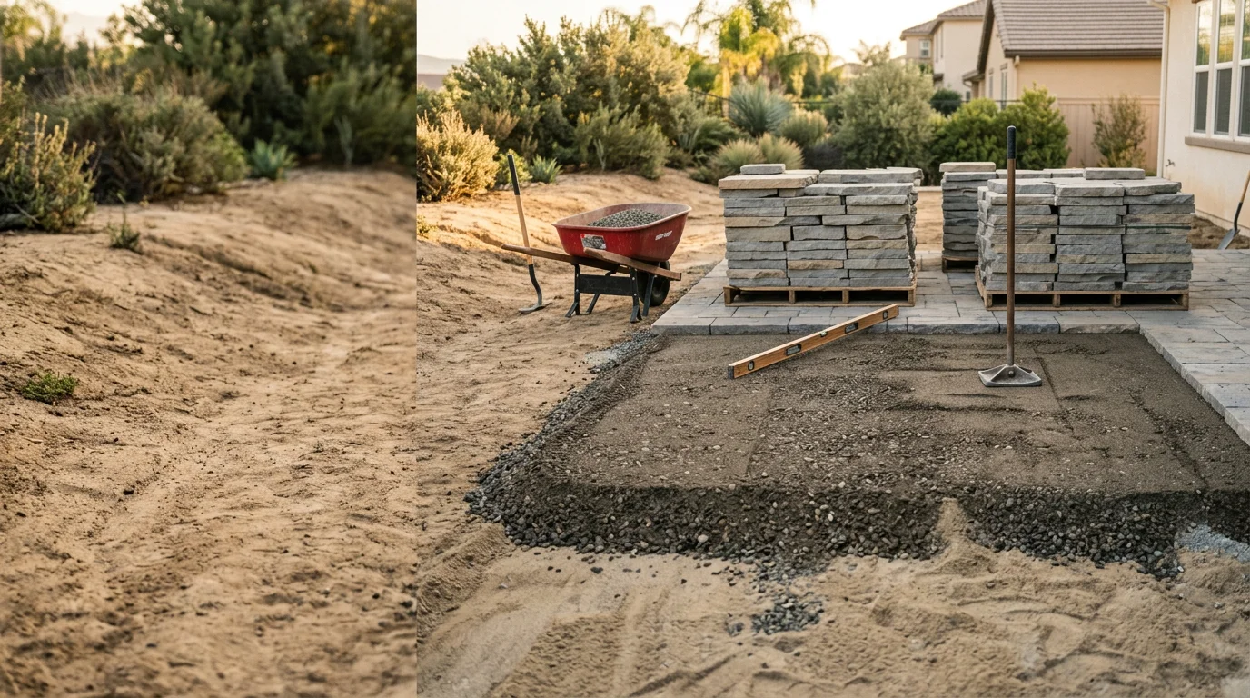 Finished paver patio and walkway installed by Phase 1 Pool Construction in a Murrieta backyard, showing clean stone joints, level surfaces, and a retaining wall along the rear slope.