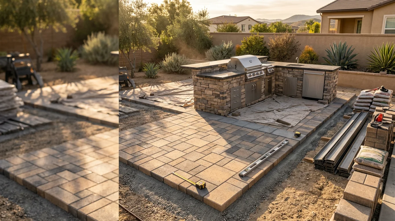 A finished backyard hardscape in Murrieta, California, showing a paver patio with a built-in outdoor kitchen island and fire feature adjacent to a pool. The layout connects the cooking and seating areas in a single continuous outdoor living space.