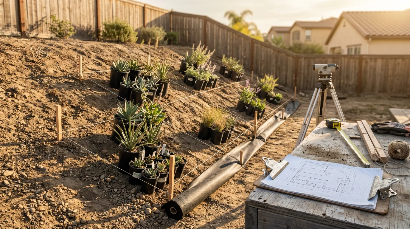 A professionally designed residential backyard in Murrieta, California, featuring a structured plant layout, defined ground cover zones, and a clean transition from the lawn area to an outdoor living space. The design reflects the dry inland climate with low-water plantings and organized landscape flow.