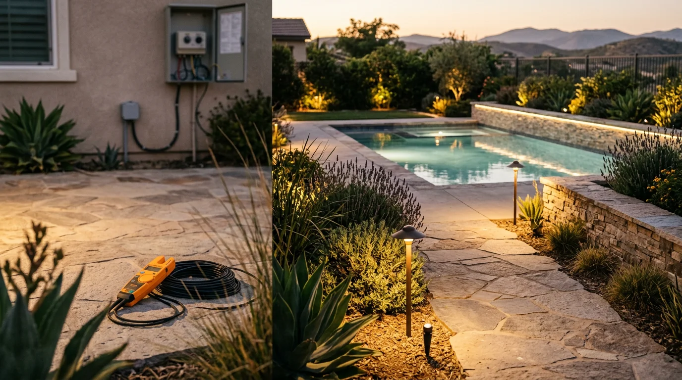 Landscape lighting installed around a backyard pool and patio in Murrieta, California, with pathway lights lining a stone walkway and accent lights highlighting a retaining wall at night. The pool water reflects warm light from fixtures placed along the pool edge and surrounding garden beds.