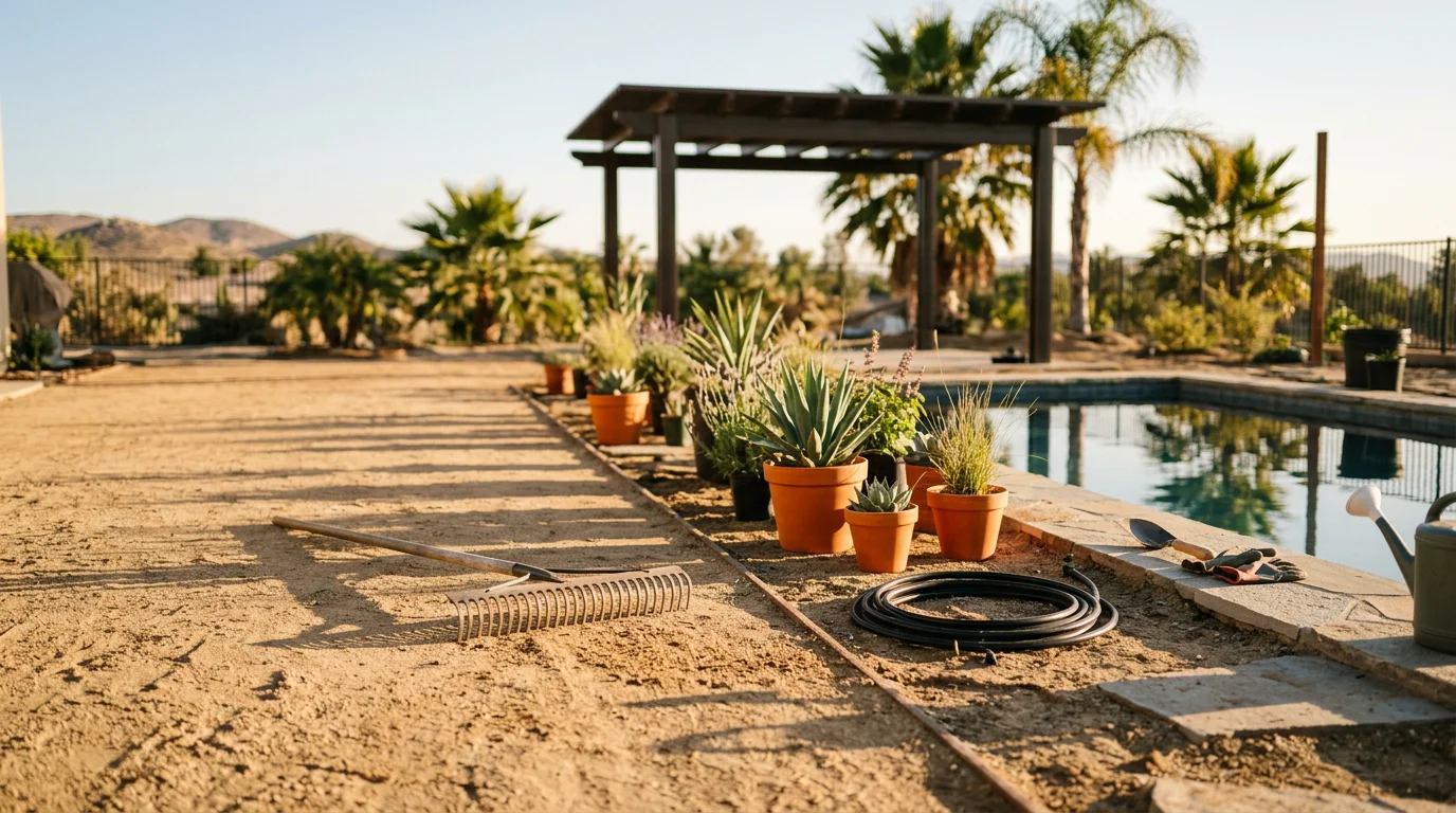 A Murrieta backyard showing a swimming pool surrounded by low-water plantings, shaded hardscape, and a connected outdoor living area. The design reflects the warm, dry climate of the Temecula Valley region.