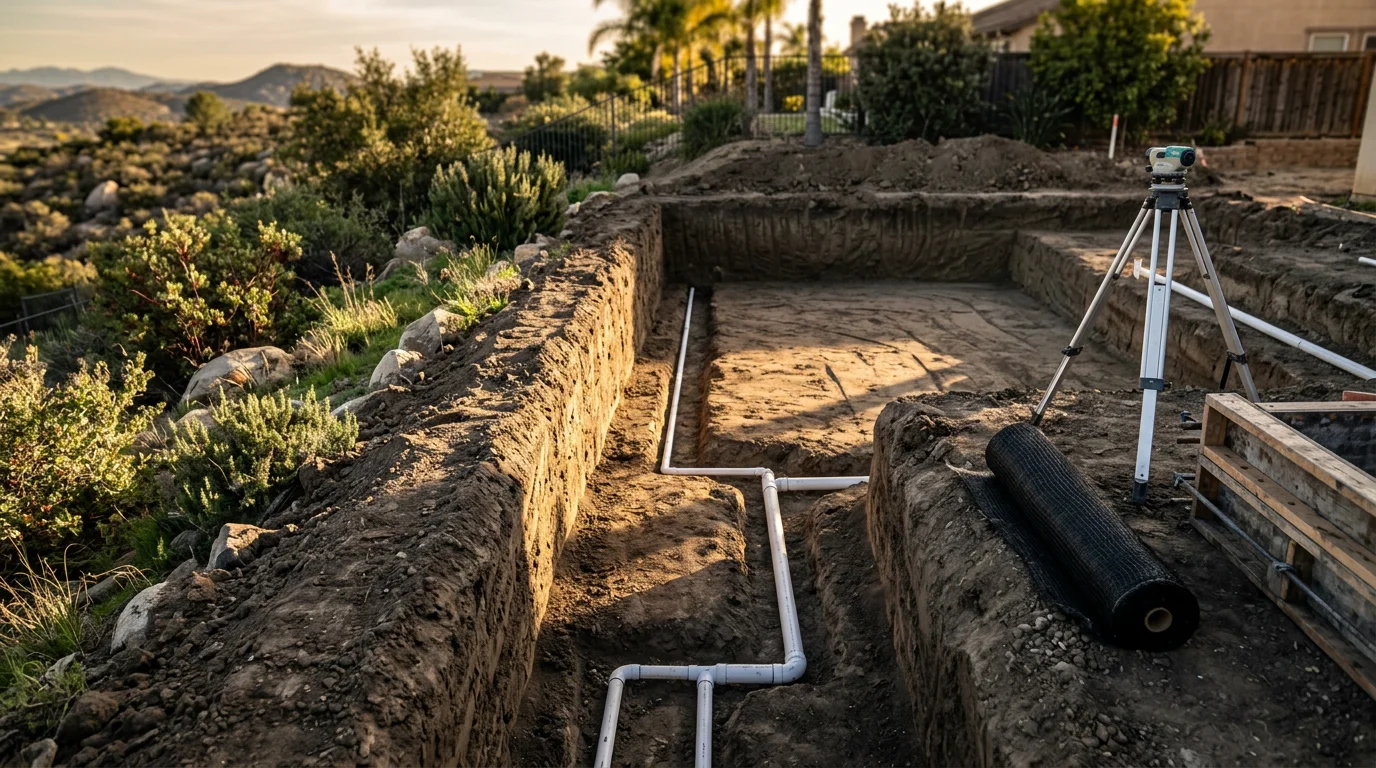 A newly constructed custom in-ground swimming pool in a Murrieta backyard, showing a finished concrete shell with clean coping and a poured deck ready for use. The pool reflects the clear Southern California sky with surrounding soil graded and prepared for landscaping.