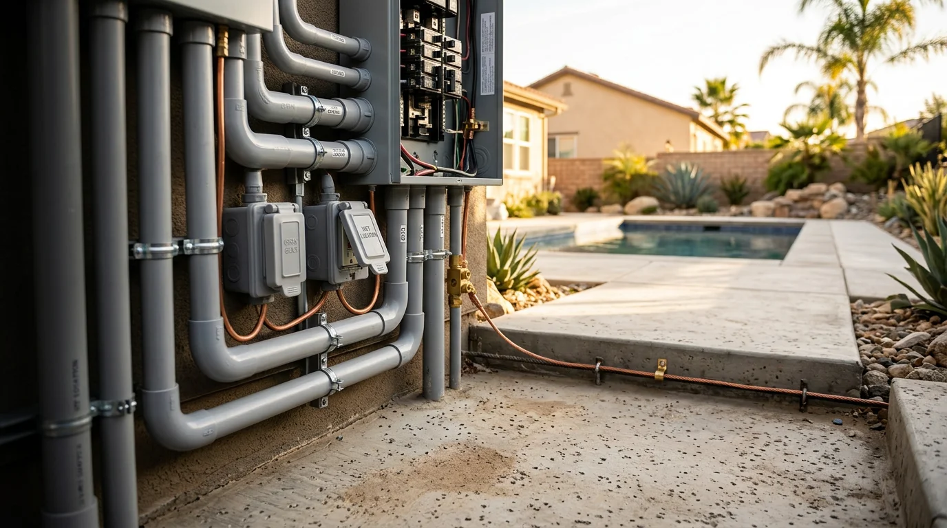 Pool equipment pad with wired pump circuits, conduit runs, and a GFCI-protected subpanel installed during new pool construction in Murrieta, California. The surrounding deck area shows completed concrete work with the bonding grid integrated into the pool shell.