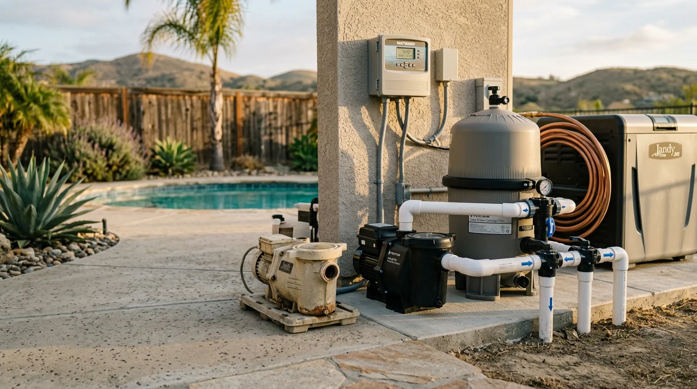A residential pool equipment pad in Murrieta, California, showing a newly installed variable-speed pump, updated filter, and modern automation controls mounted on an exterior wall. The pool in the background is clear and blue under bright Southern California sunlight.