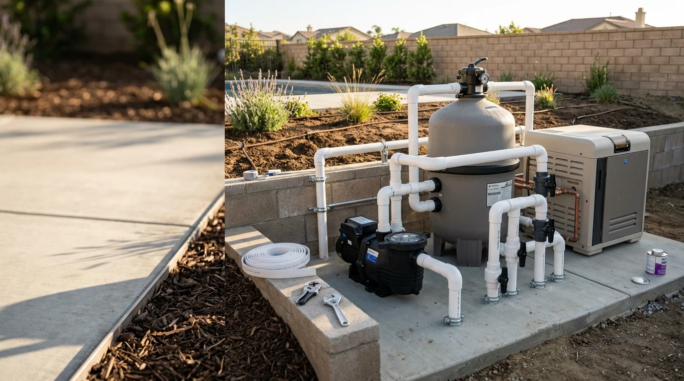 Underground PVC pool plumbing lines laid out in a freshly excavated backyard in Murrieta, California, showing suction and return pipe runs before concrete is poured. Equipment pad connections and valve manifold are visible at the edge of the pool shell.