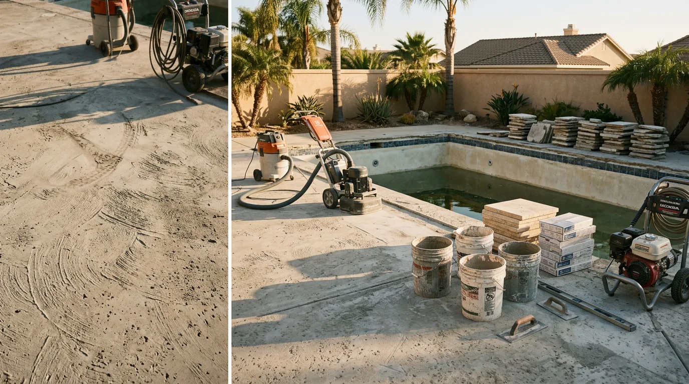 A renovated backyard swimming pool in Murrieta, California, showing a freshly resurfaced interior, new tile and coping, and a clean concrete deck under bright Southern California sunlight. The pool water is clear and the surrounding deck shows no cracking or wear.