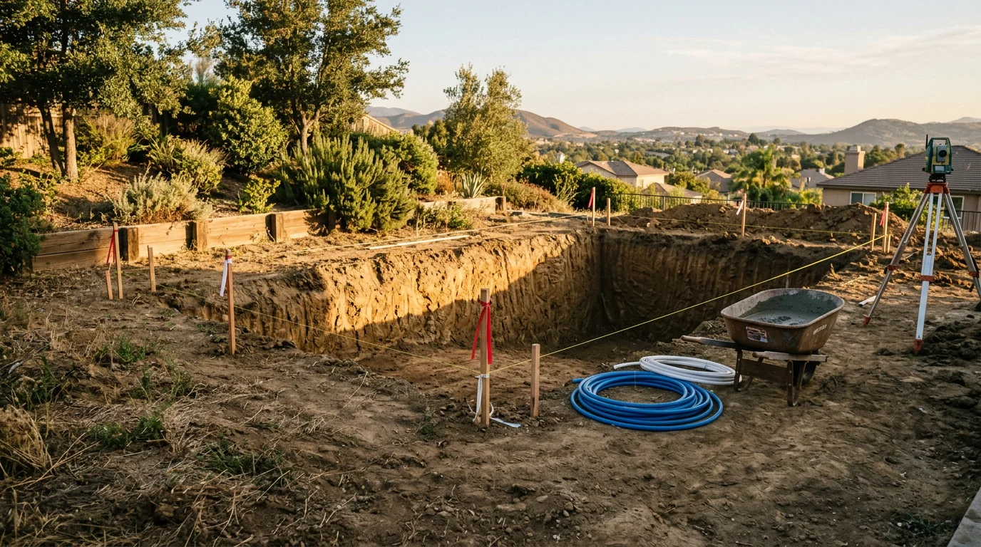 A newly constructed custom inground pool and attached spa in a Murrieta backyard, showing a finished concrete shell with tile surround and pool equipment installed. The surrounding yard reflects the open, sun-exposed lots common across Southwest Riverside County.