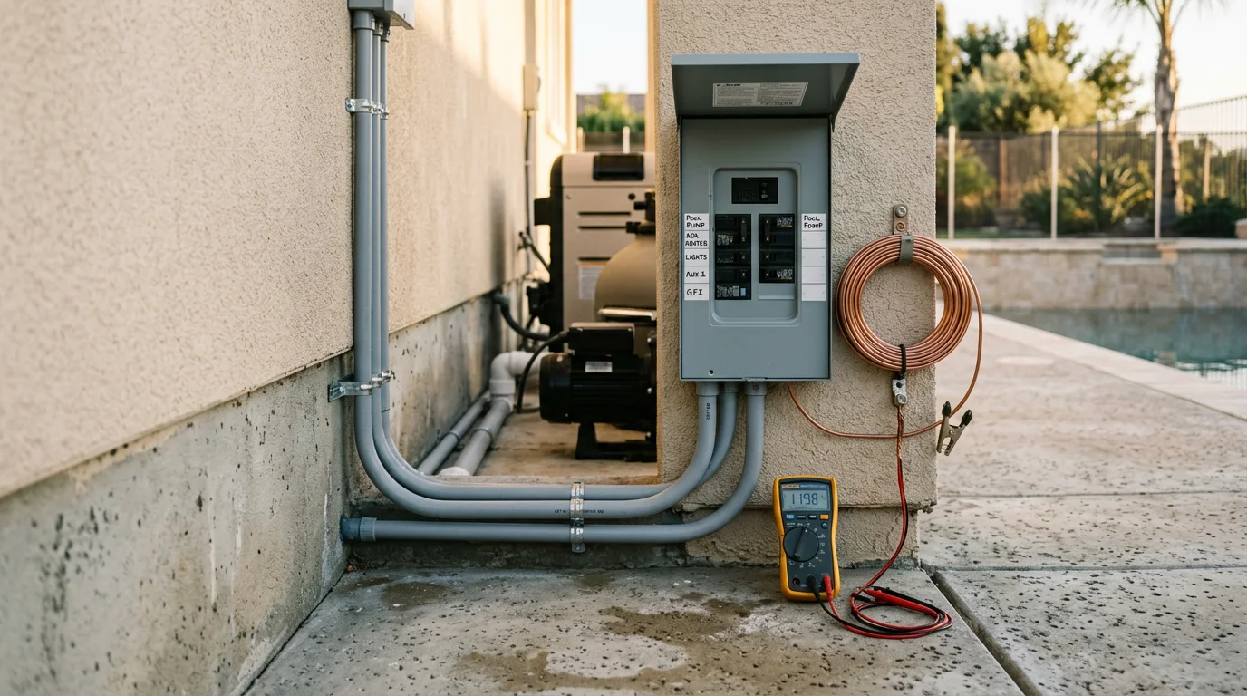 Pool equipment pad with pump, heater, and wiring connections installed at a residential property in Murrieta, California. GFCI breaker panel and conduit runs are visible alongside the pool shell during construction.