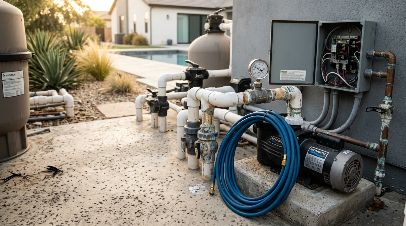 A pool and spa plumbing system with PVC pipes, valves, and fittings installed at a residential backyard in Murrieta, California. The equipment pad shows neatly routed plumbing connecting the pool pump, filter, and spa return lines.