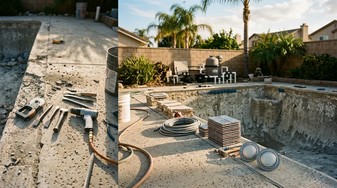 A freshly remodeled backyard swimming pool in Murrieta, California, showing new interior resurfacing, updated waterline tile, and a clean surrounding deck under bright Southern California sunlight.