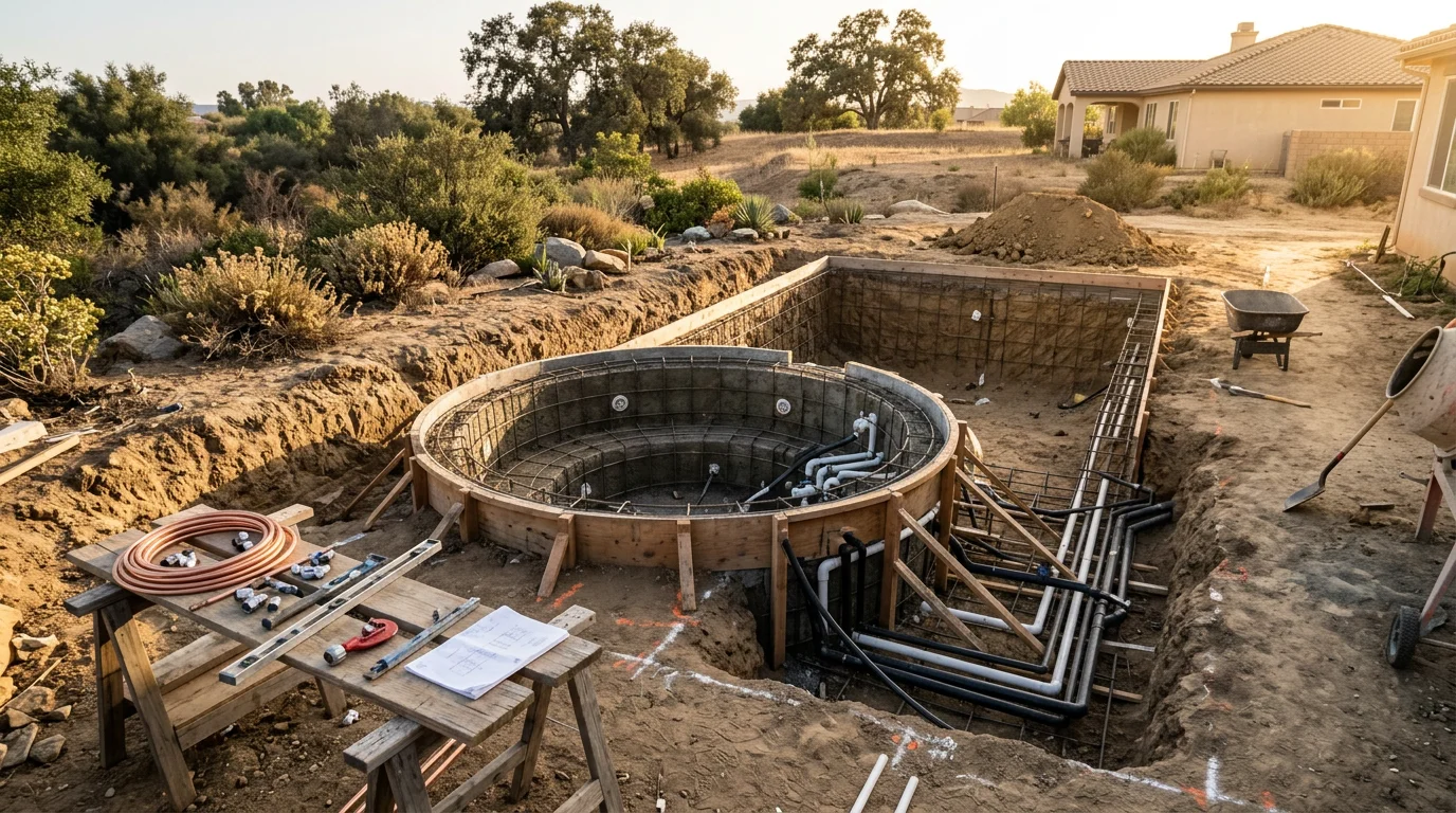A finished custom in-ground spa built into a residential backyard in Murrieta, California, with clean tile work, surrounding concrete decking, and spa equipment housed neatly at the rear of the property. The spa sits ready for evening use against a warm Southwest Riverside County sky.
