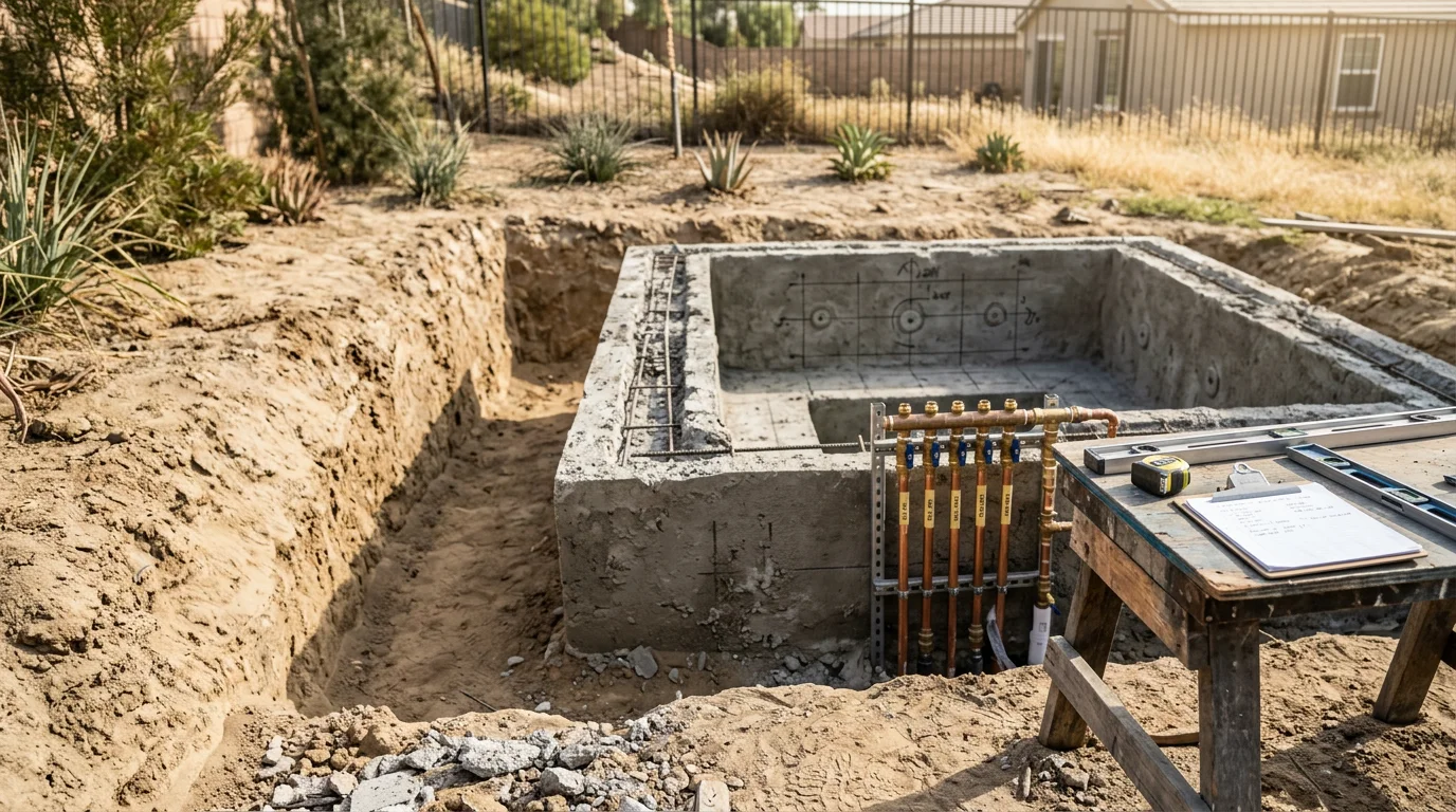 A custom inground spa with tiled waterline and built-in seating set into a concrete patio in a Murrieta backyard. The spa is positioned adjacent to a pool with surrounding desert-adapted landscaping under clear Southern California sky.