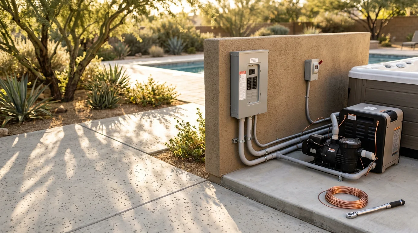 Completed backyard spa with electrical conduit and GFCI disconnect box installed along a stucco exterior wall in Murrieta, California. The spa deck and surrounding hardscape are finished, showing a code-compliant outdoor electrical setup ready for use.