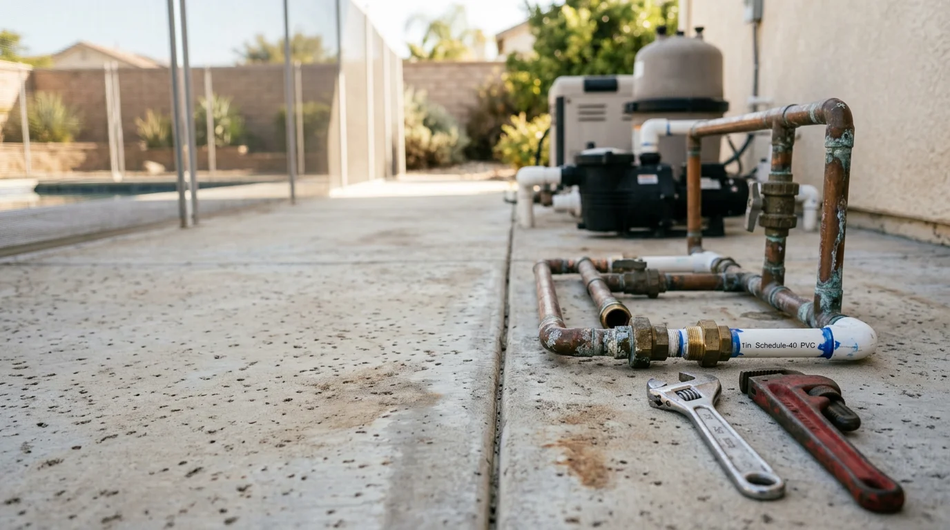 A built-in backyard spa with visible plumbing equipment access panel open, showing pipe fittings and pump connections being inspected by a technician in Murrieta, California. The spa is set into a concrete deck in a residential backyard typical of the Inland Southern California region.