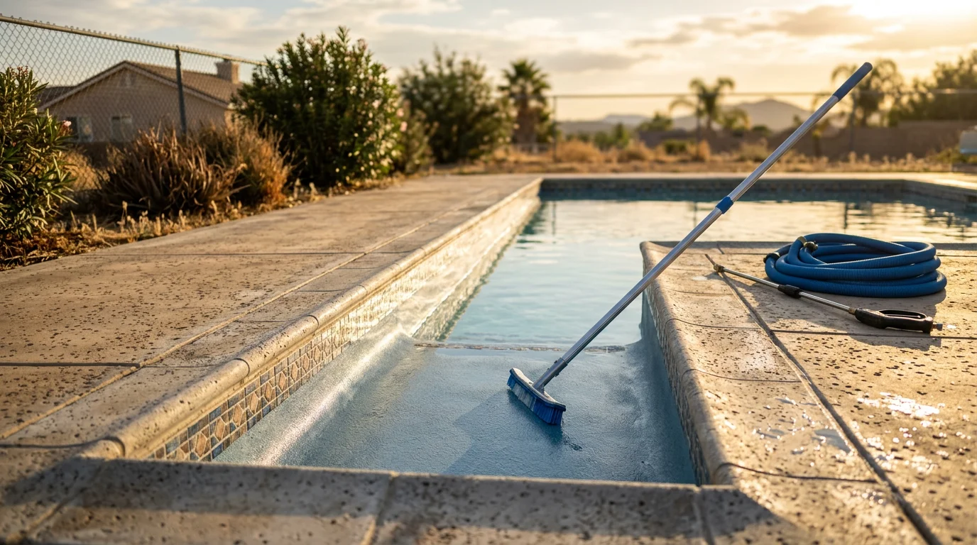 A freshly resurfaced in-ground swimming pool with a smooth, clean interior finish in a Murrieta backyard. The pool water is clear and the surface shows no staining, rough patches, or flaking plaster.