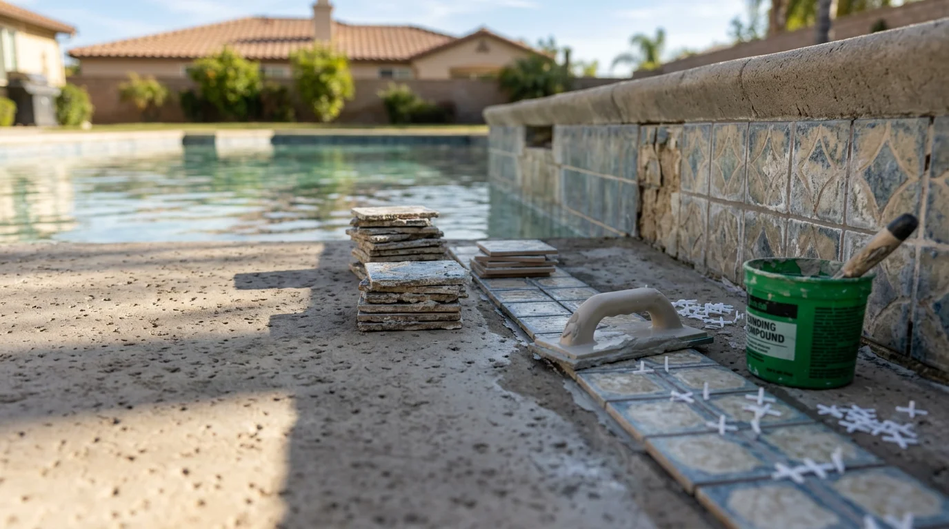 A repaired swimming pool waterline showing clean, evenly set tiles with fresh grout and no calcium buildup, photographed at a residential pool in Murrieta, California. The pool water is clear and the tile line is sharp and uniform against the pool coping.