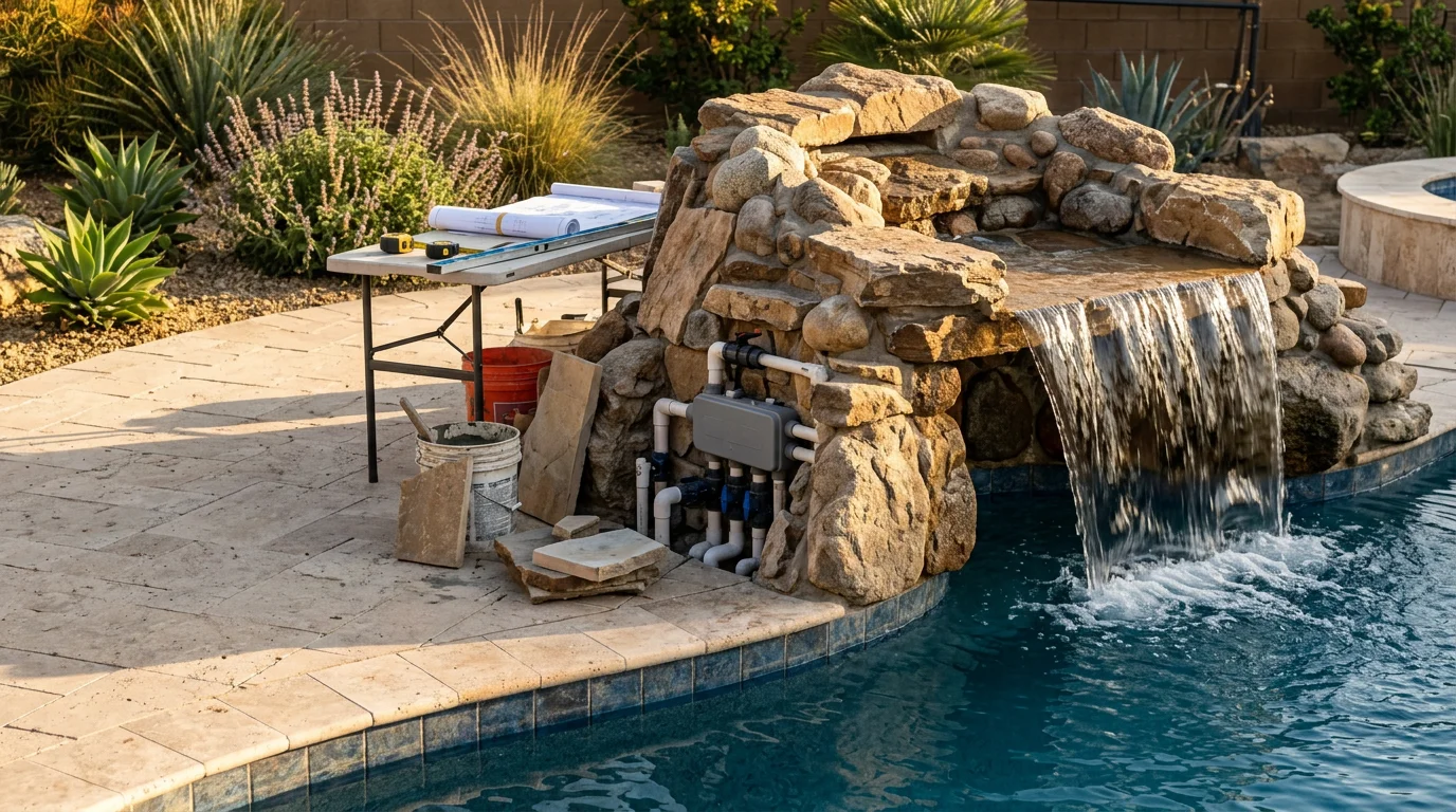 A custom rock waterfall cascading into a freeform inground pool in a Murrieta backyard, with sculpted stone formations and clear blue water visible in afternoon sunlight. Phase 1 Pool Construction water feature build in Southwest Riverside County.